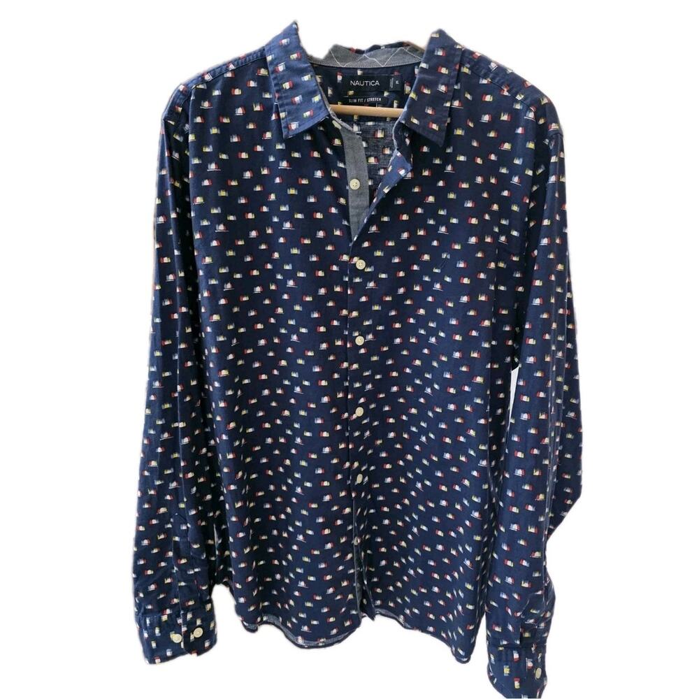 Nautica Men's XL Button Down Shirt Signature Print Stretch Slm Fit Sailboat Flag